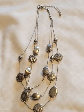 Silver-Tone 3 Strands With Mixed Size Silver-Tone Beads Station Necklace